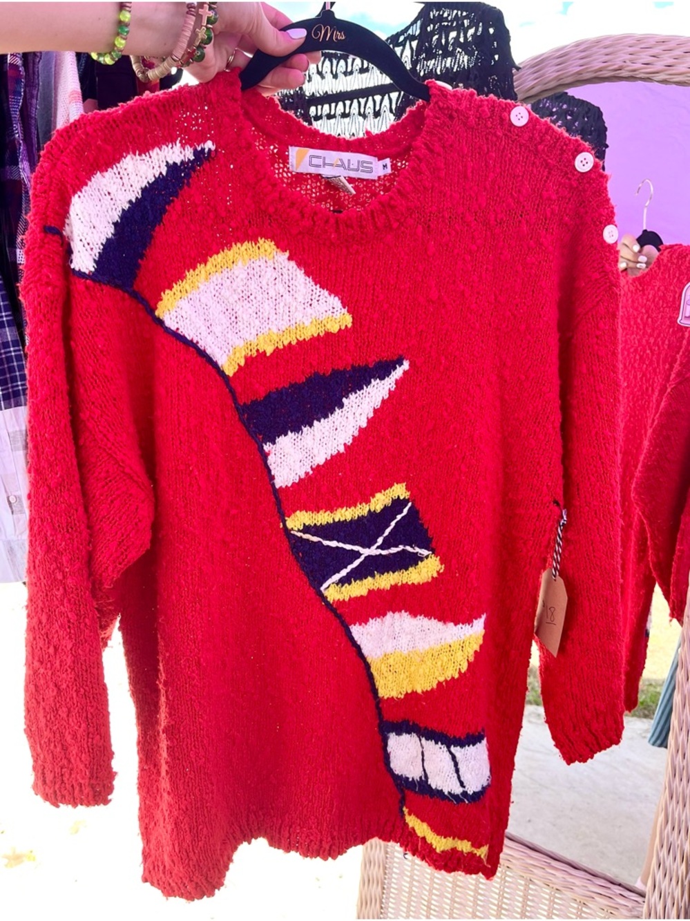 CHAUS Boat Flags Red Sweater 80s 90s Long Slouchy Womens M
